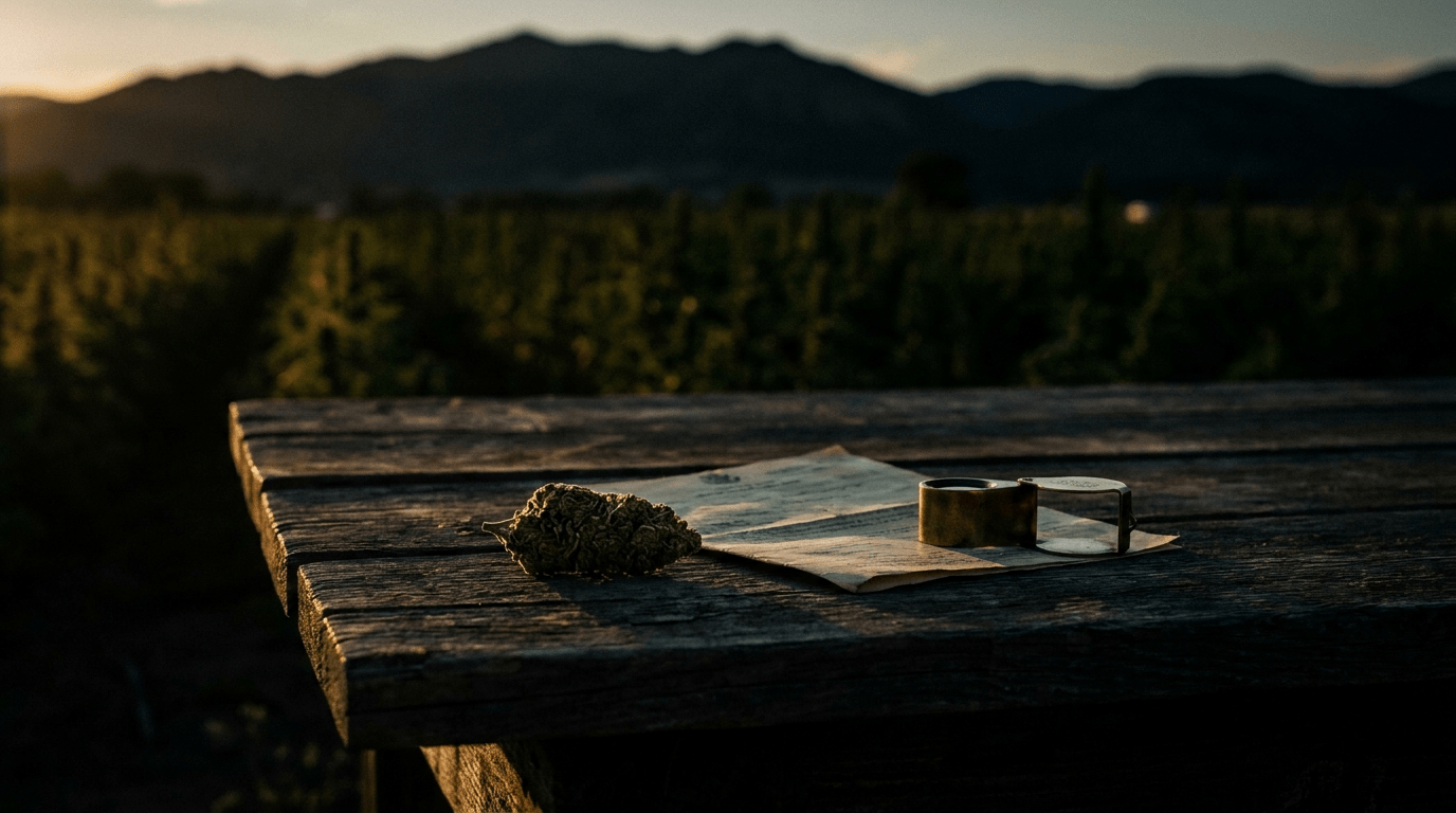 A single cured hemp flower bud beside a folded government document and a brass magnifier on a weathered farm table at dusk, with rows of a Colorado hemp field and mountain ridgeline behind