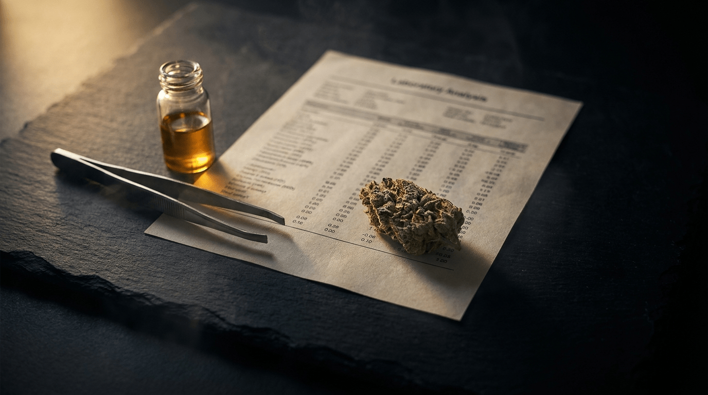 Overhead flat-lay on black slate of a laboratory analysis report with a cured hemp flower bud, a glass vial of amber extract, and steel tweezers, lit by warm gold light
