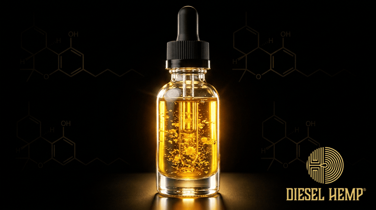 HHC Cannabinoid — golden hemp-derived HHC oil with crystal formations | Diesel Hemp