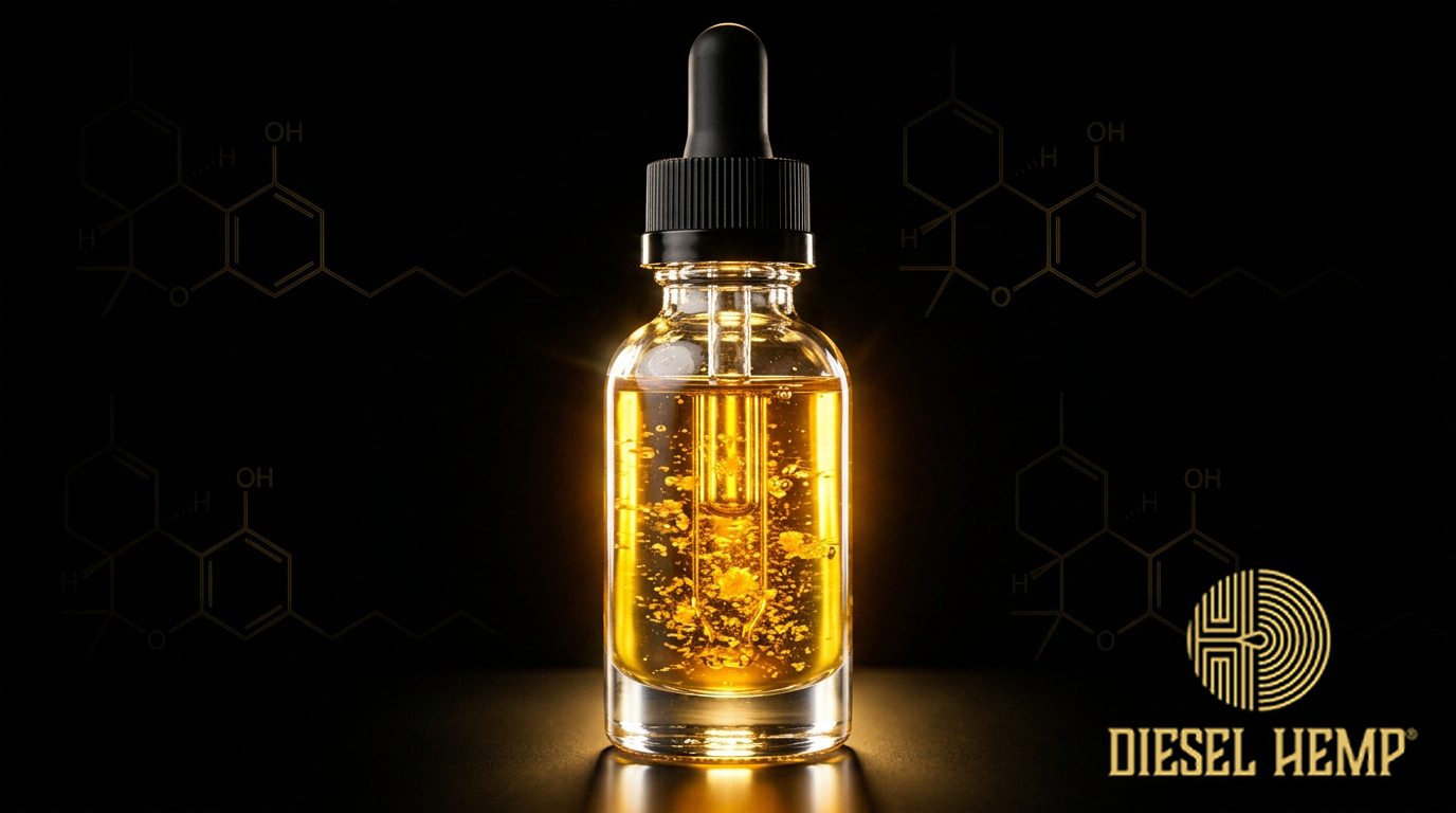 HHC Cannabinoid — golden hemp-derived HHC oil with crystal formations | Diesel Hemp