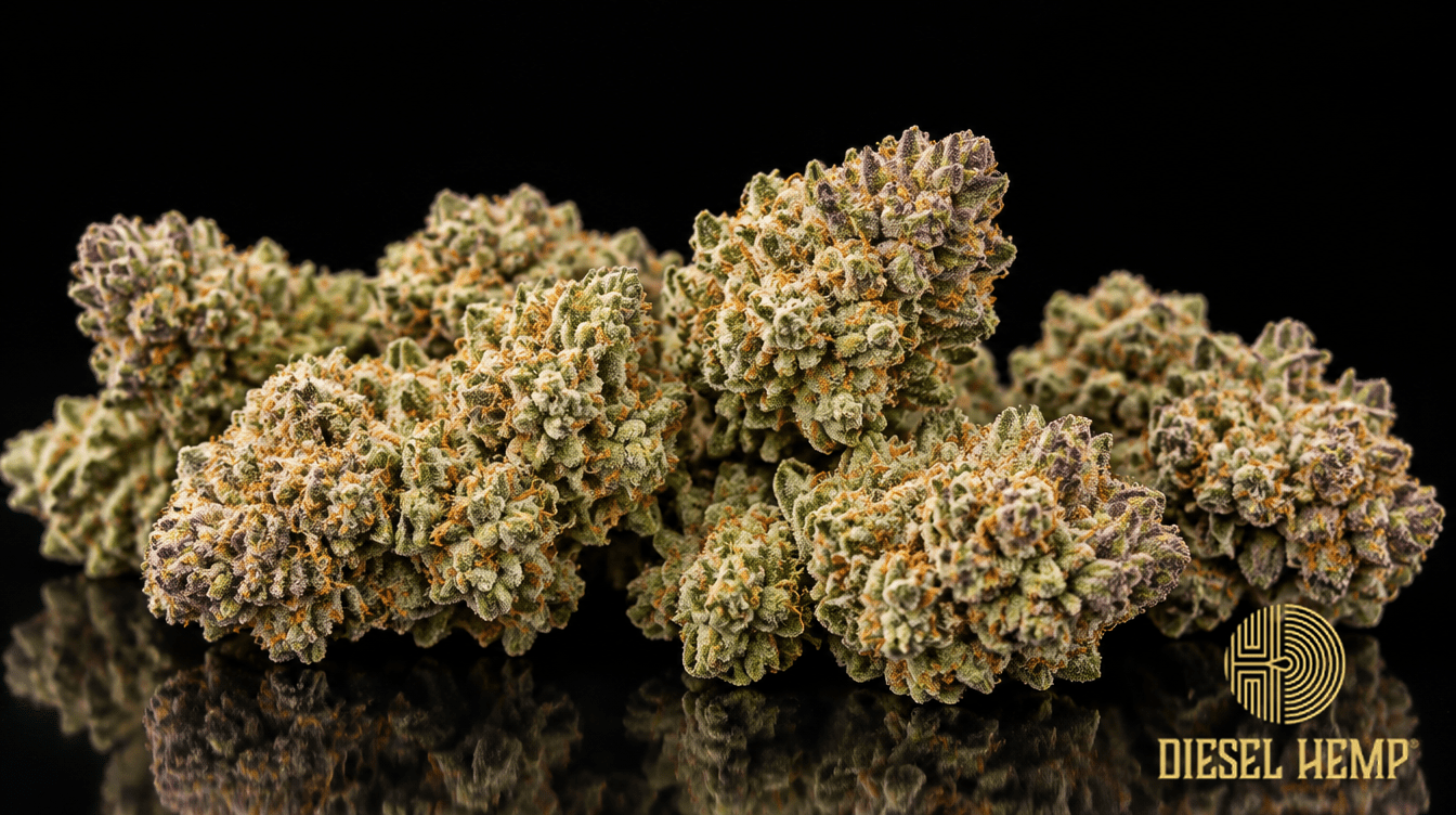 High CBD low THC strains — hemp CBD flower buds on black background | Diesel Hemp
