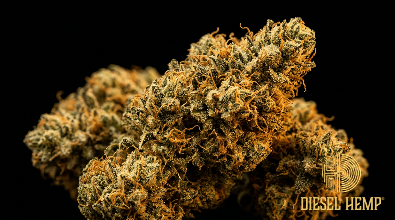 Himalayan Gold strain cannabis flower buds on black background — golden-green buds with warm amber and gold tones, amber-orange pistils and very heavy golden trichome frosting | Diesel Hemp