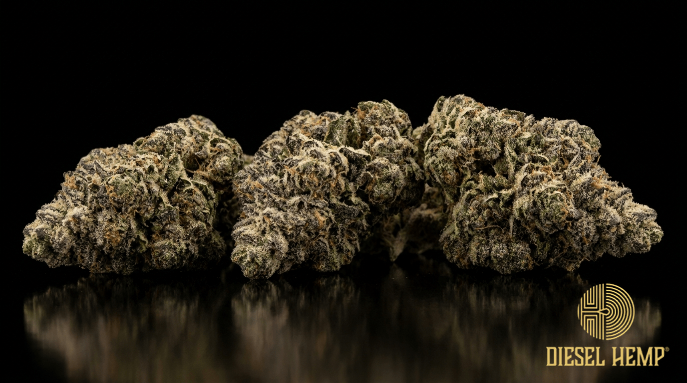 Ice Cream Cake cannabis flower buds on black background — Diesel Hemp