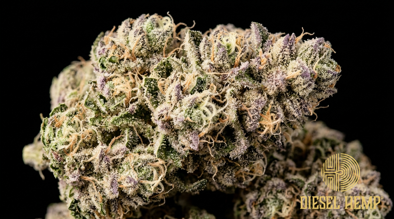 Ice Cream Cake strain cannabis flower buds on black background — light green and lavender-purple dense buds with extraordinarily heavy cream-white trichome coating | Diesel Hemp