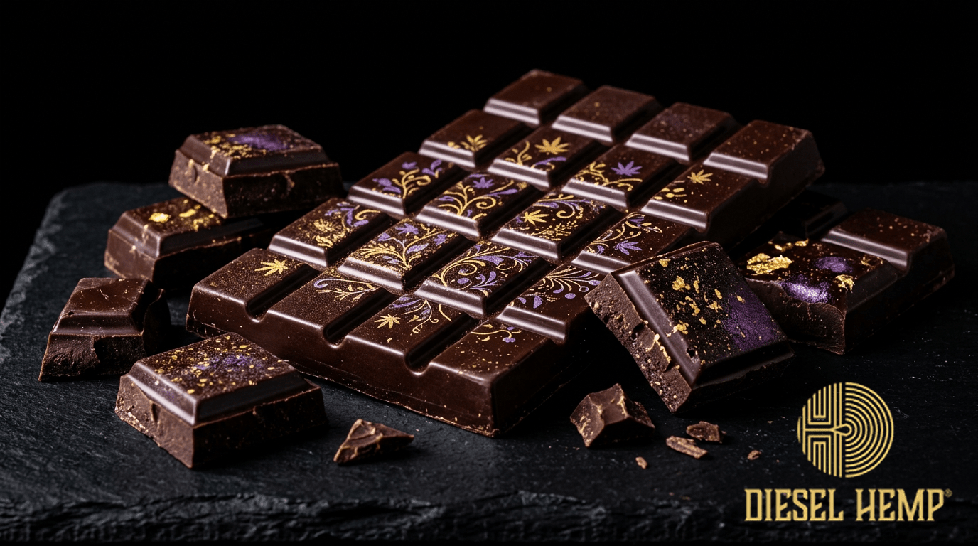 Indica Edibles — dark chocolate cannabis edibles with purple and gold accents | Diesel Hemp