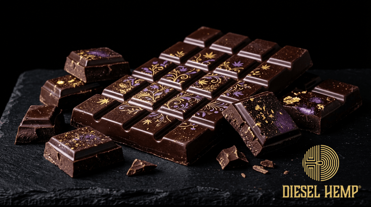 Indica Edibles — dark chocolate cannabis edibles with purple and gold accents | Diesel Hemp
