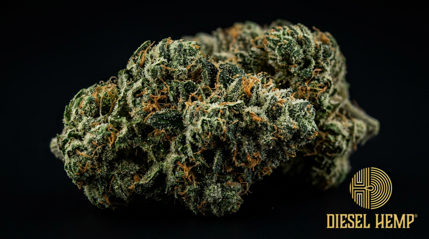 Inzane in the Membrane strain cannabis flower buds on black background — bright forest green very dense compact buds with vivid orange pistils and extremely heavy resinous trichome coating | Diesel Hemp