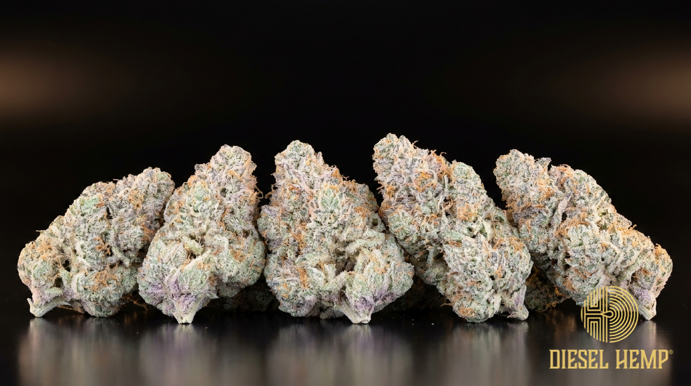 Italian ice strain cannabis flower buds on black background — frosty pastel green and purple nugs | Diesel Hemp