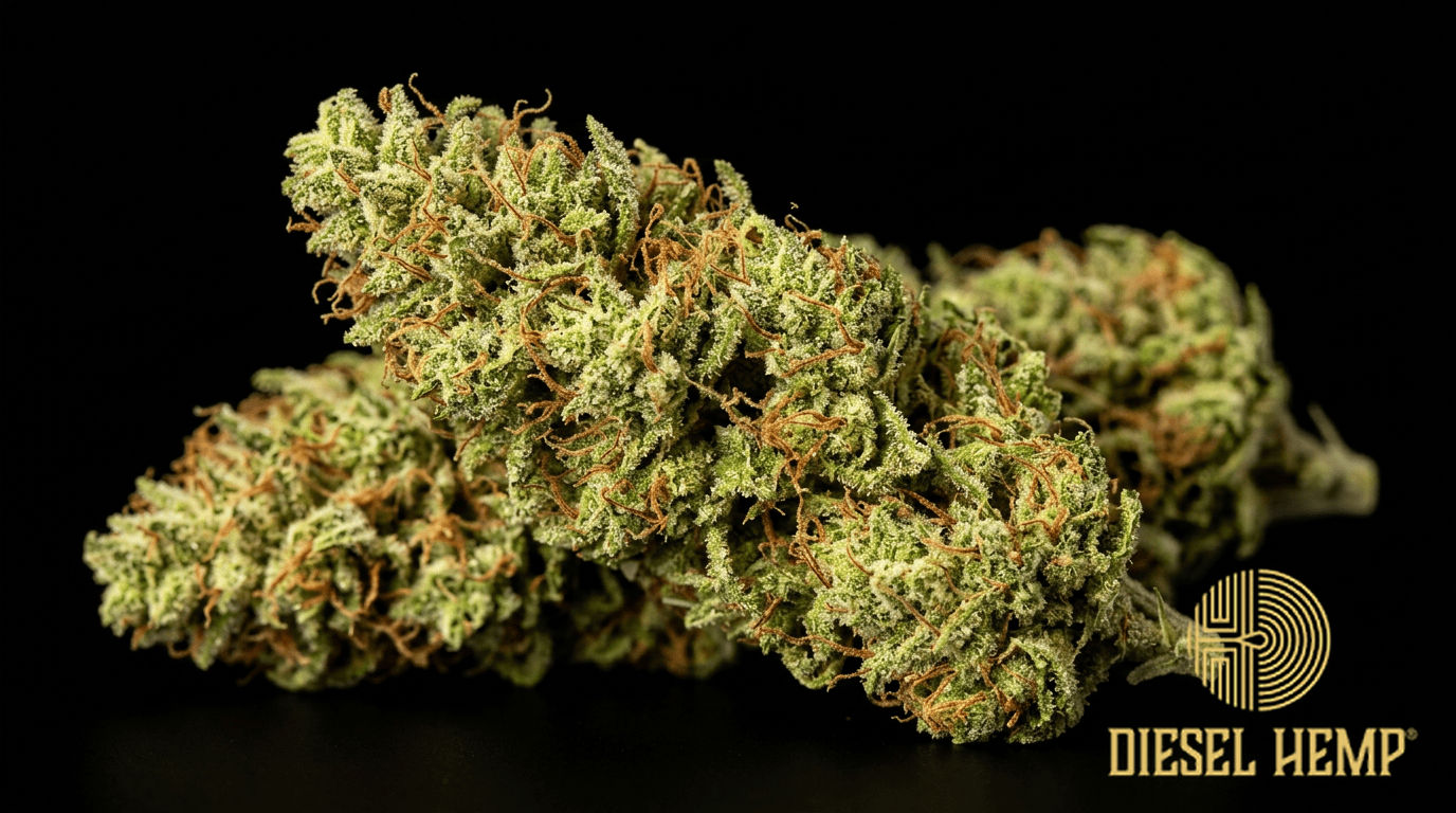 Jack Herer strain cannabis flower buds on black background — lime green fluffy elongated sativa buds with reddish-orange pistils and generous moderate trichome frosting | Diesel Hemp