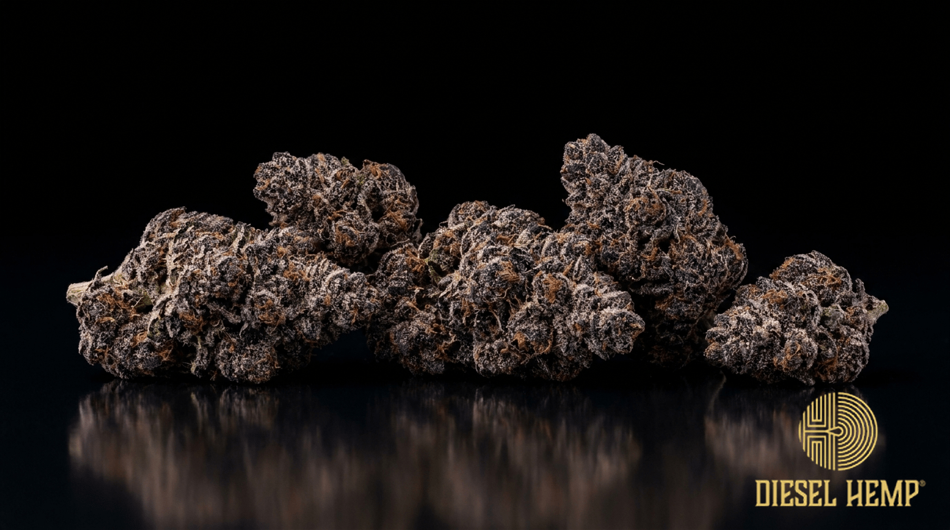 Jealousy strain cannabis flower buds on black background — dark purple, frosty trichomes | Diesel Hemp