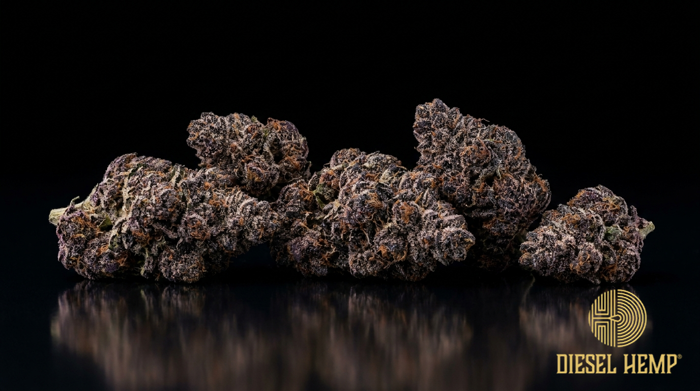 Jealousy strain cannabis flower buds on black background — dark purple, frosty trichomes | Diesel Hemp