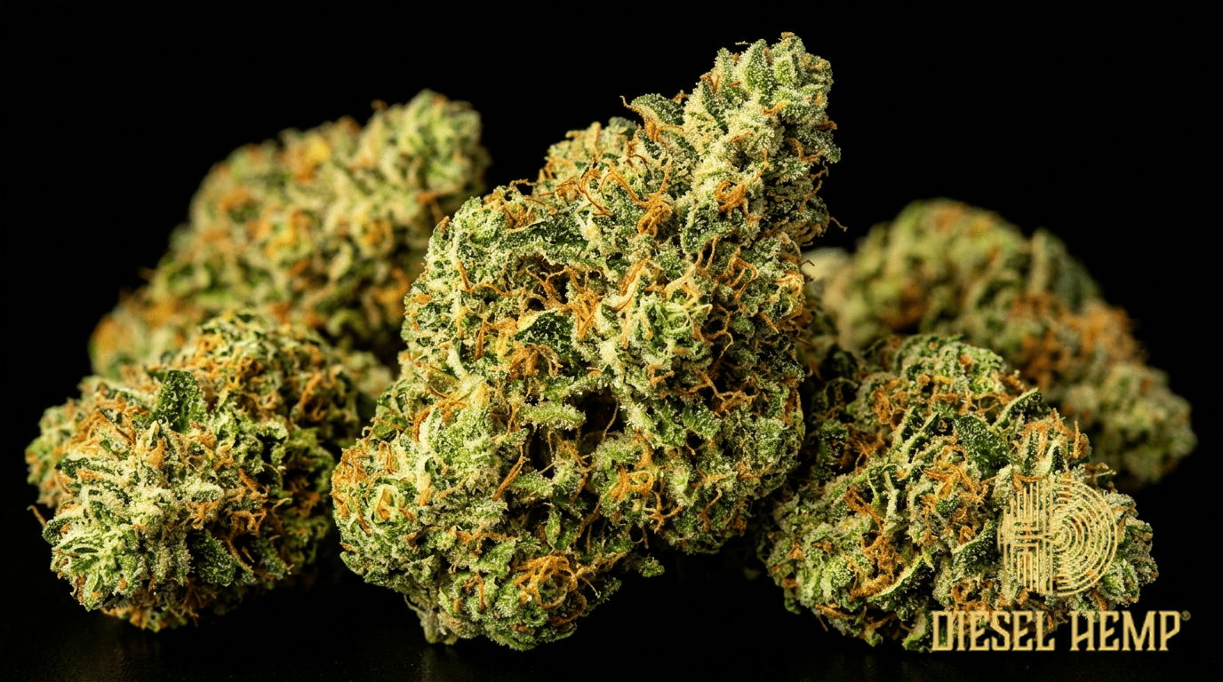 Jillybean strain cannabis flower buds on black background — bright green buds with warm orange and yellow tones, orange and red pistils | Diesel Hemp