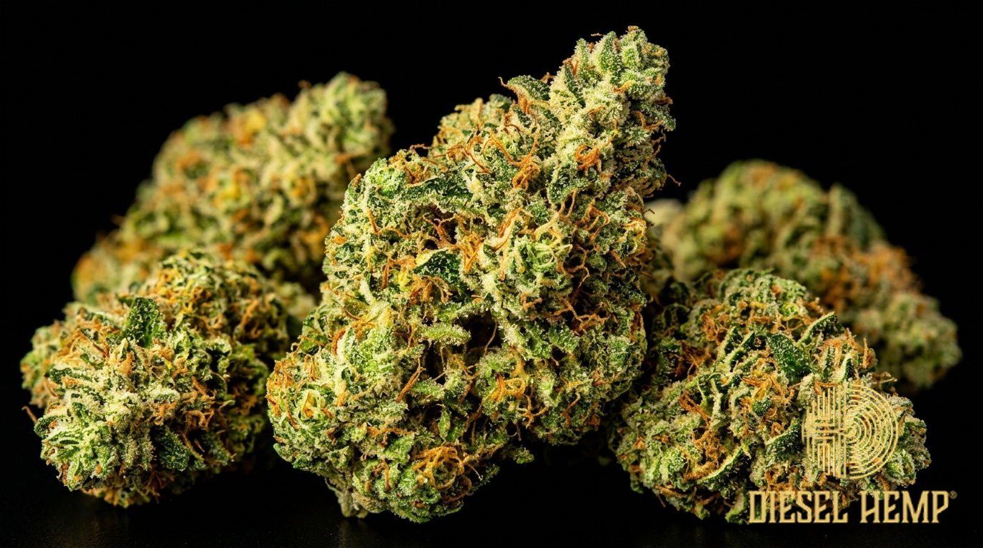 Juicy Fruit strain cannabis flower buds on black background — bright tropical green buds with yellow-orange accents and orange pistils | Diesel Hemp