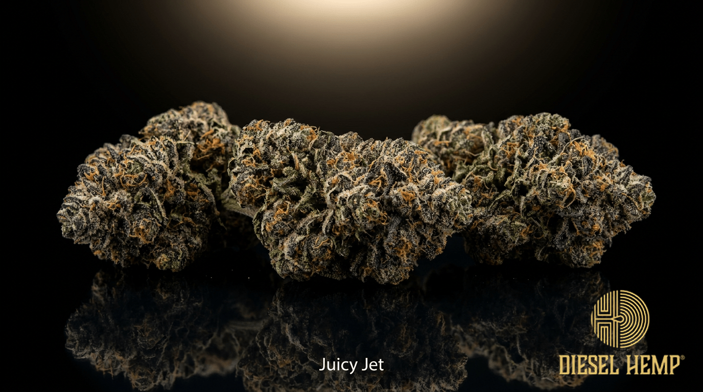 Juicy Jet cannabis flower buds on black background — Diesel Hemp