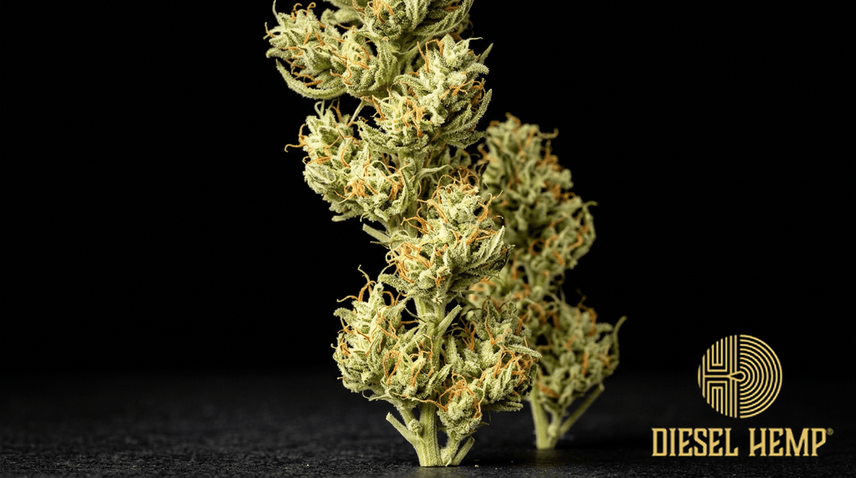 Kali Mist strain cannabis flower buds on black background — light green wispy elongated sativa buds with orange pistils and light trichome coating | Diesel Hemp
