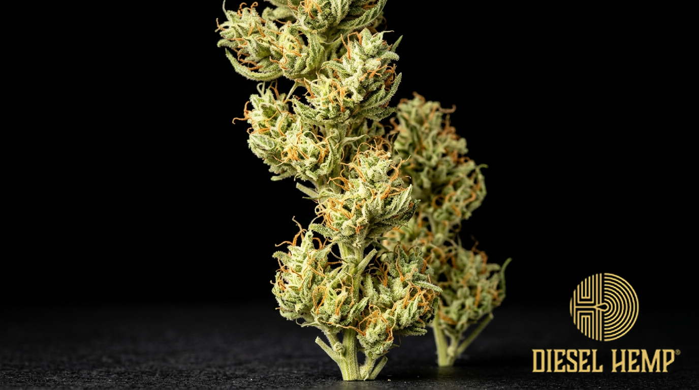 Kali Mist strain cannabis flower buds on black background — light green wispy elongated sativa buds with orange pistils and light trichome coating | Diesel Hemp