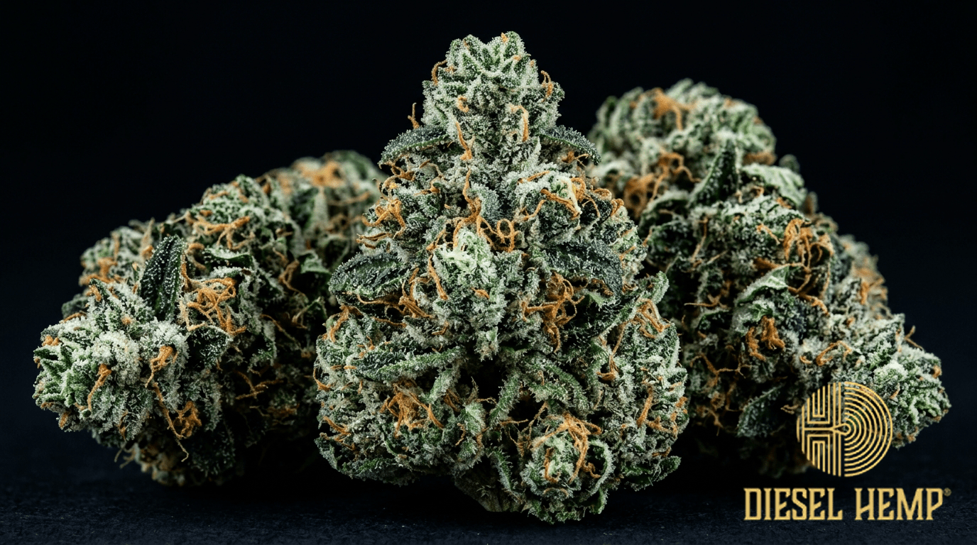 Kush Mintz strain cannabis flower buds on black background — very dark forest green dense compact buds with mint-green highlights and extremely heavy white trichome coating | Diesel Hemp