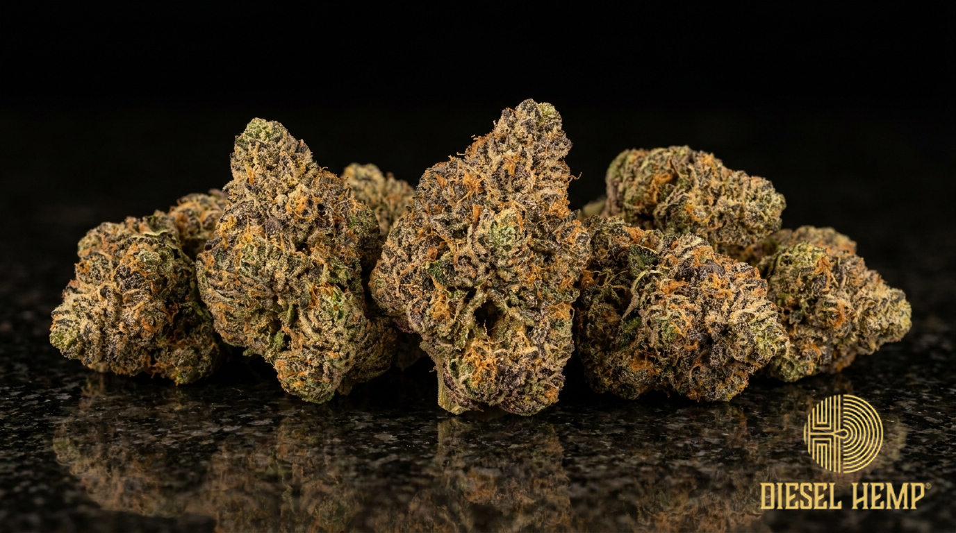Lemon Cherry Gelato strain cannabis flower buds on black background — dense forest-green nugs with deep purple hues, amber-orange pistils and heavy milky-white trichome frosting | Diesel Hemp