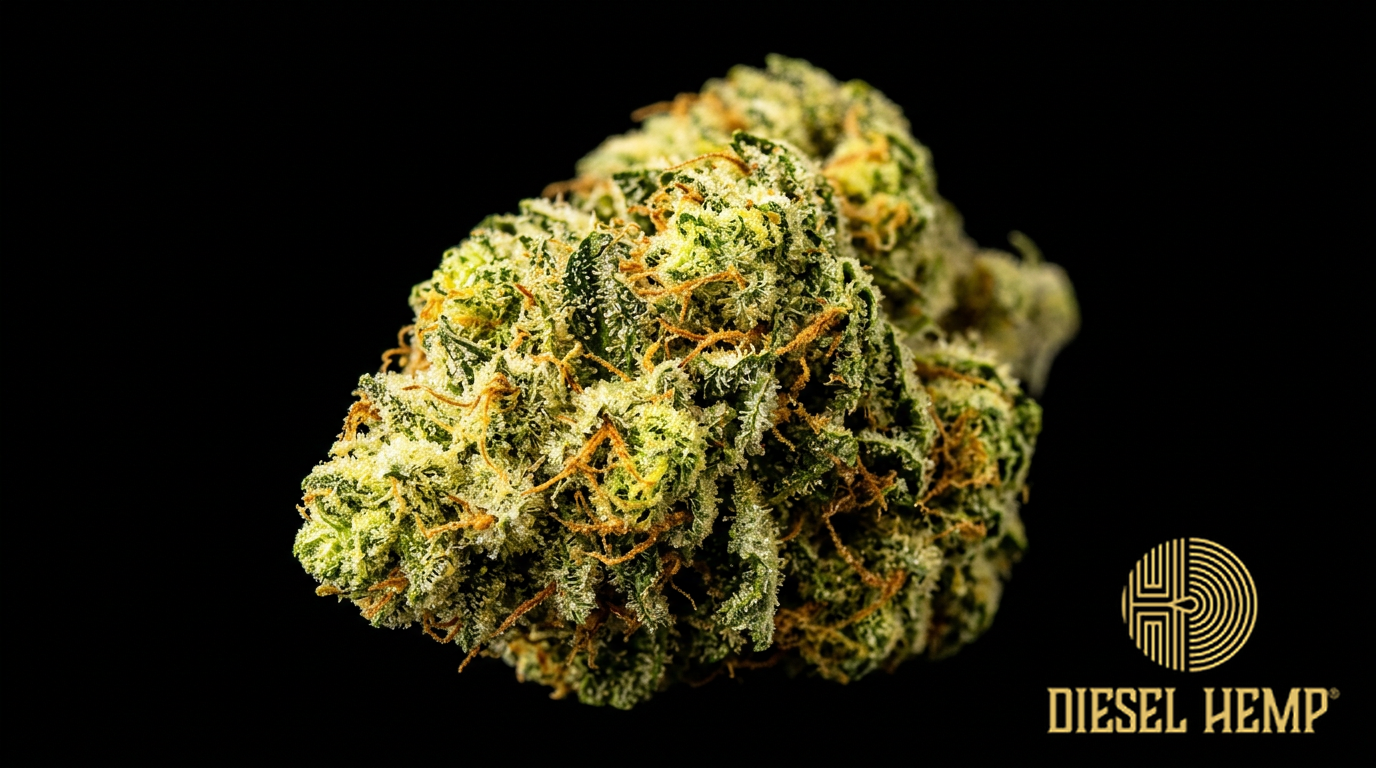 Lemon Skunk strain cannabis flower buds on black background — bright yellow-green loosely structured buds with amber-orange pistils and moderate-heavy trichome frosting | Diesel Hemp