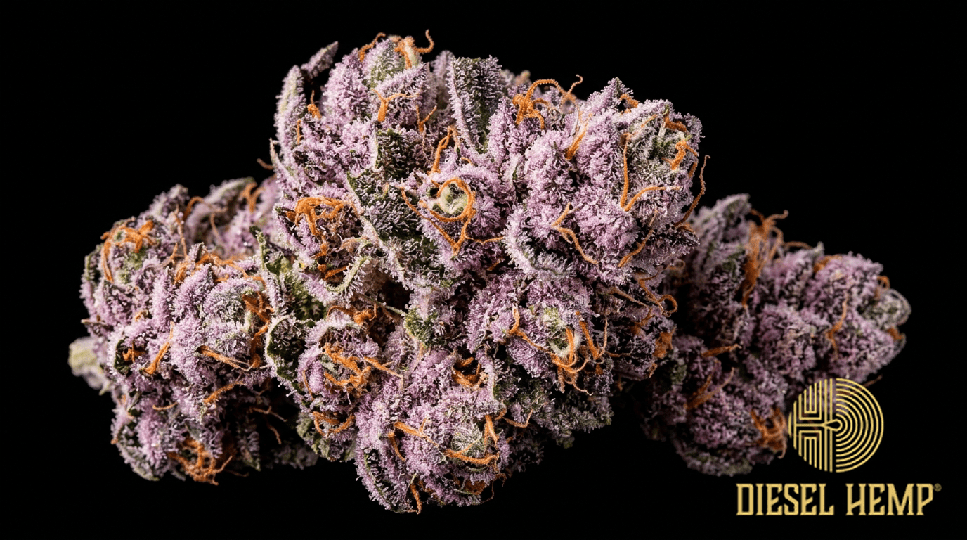 Lilac Diesel strain cannabis flower buds on black background — lavender and soft purple buds with green accents and orange pistils, beautiful lilac-hued diesel hybrid | Diesel Hemp