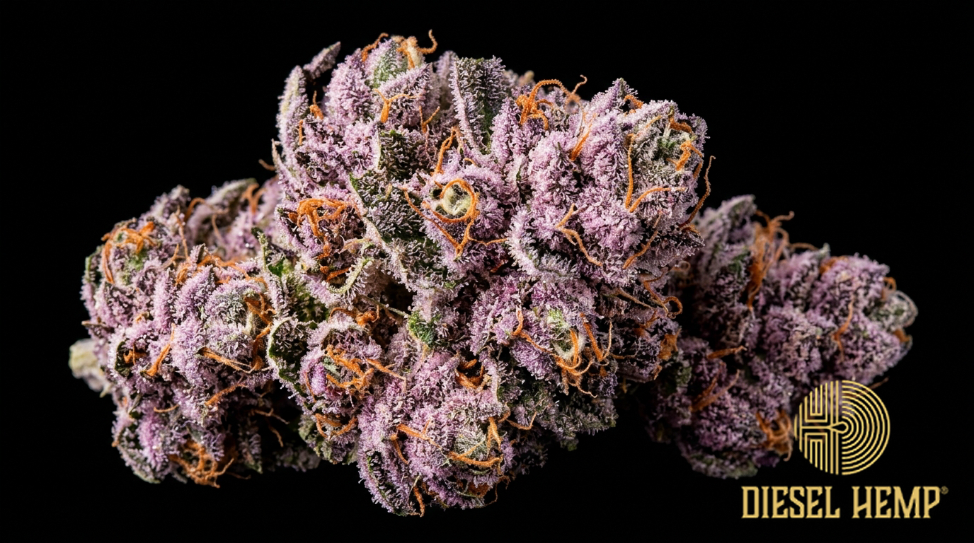 Lilac Diesel strain cannabis flower buds on black background — lavender and soft purple buds with green accents and orange pistils, beautiful lilac-hued diesel hybrid | Diesel Hemp