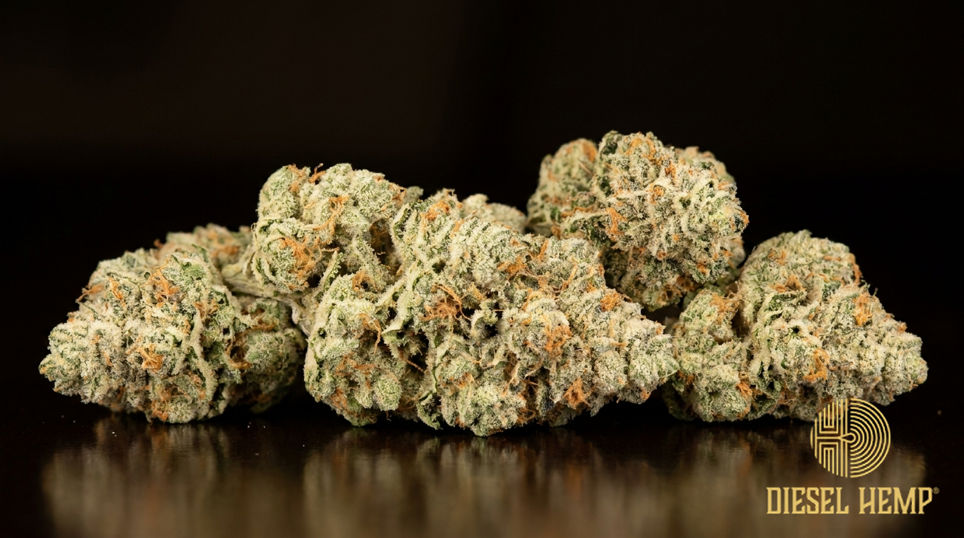 MAC (Miracle Alien Cookies) strain cannabis flower buds on black background — frosty pale-green nugs with orange pistils | Diesel Hemp