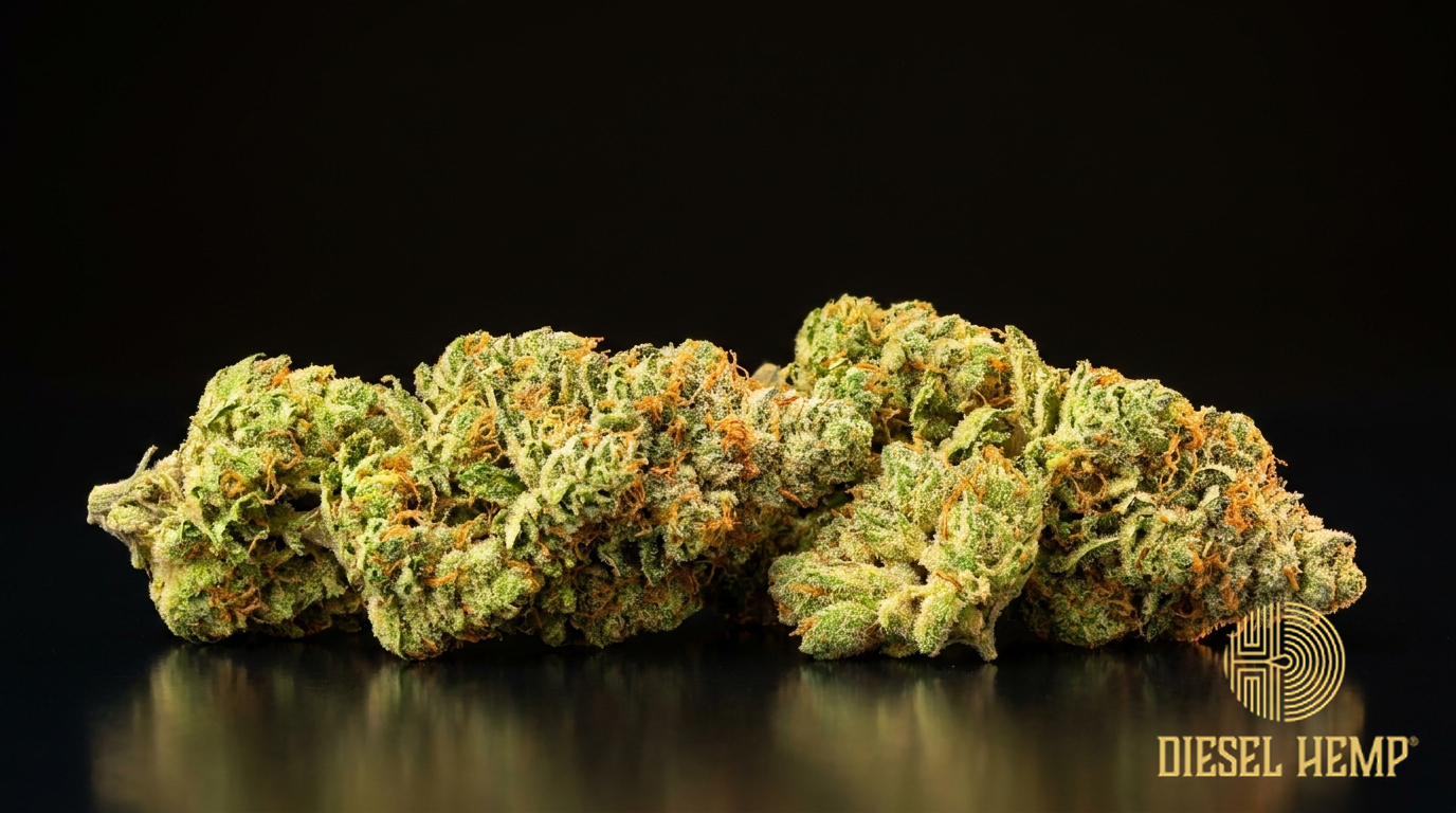 Maui Wowie strain cannabis flower buds — bright green frosty tropical sativa nugs on a black background | Diesel Hemp