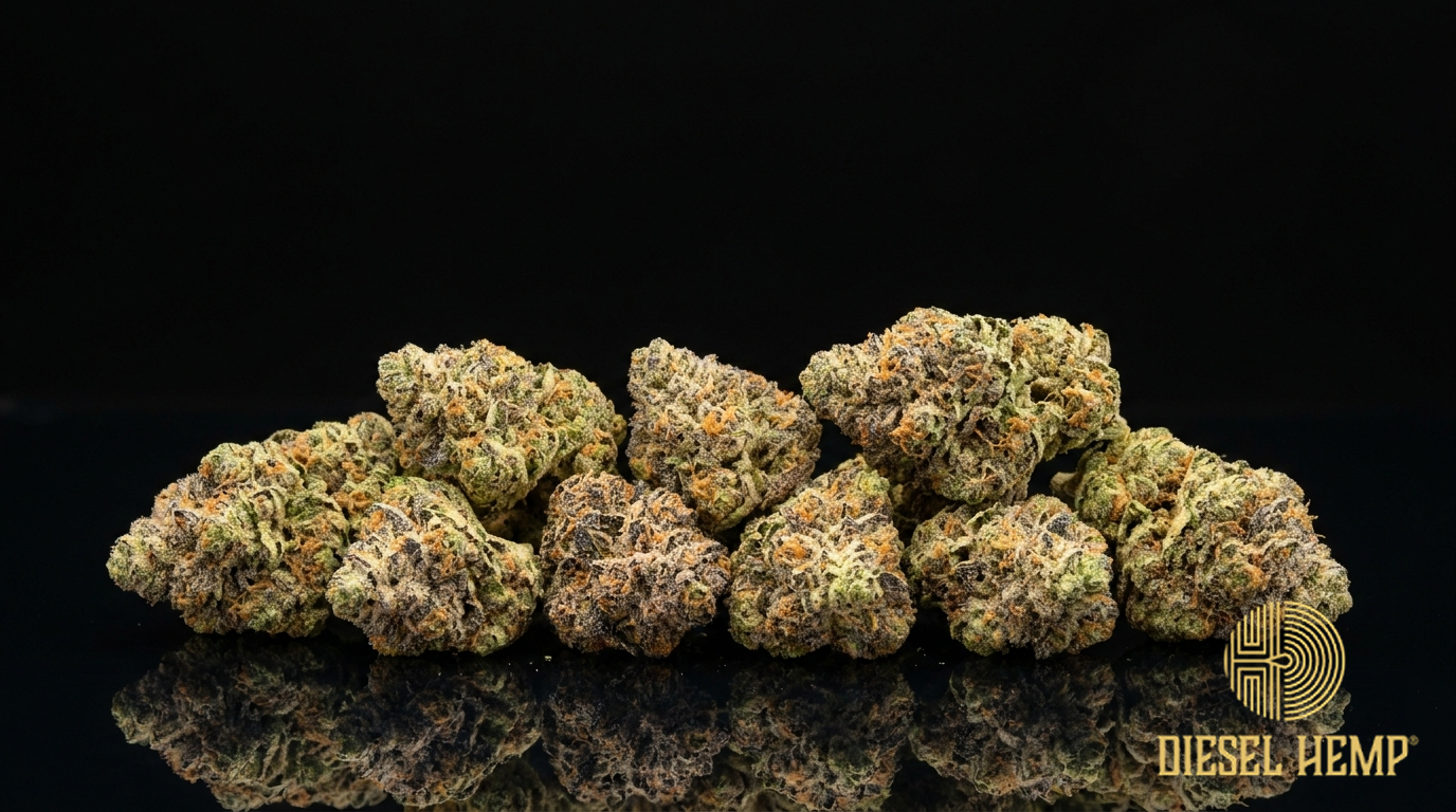 Mimosa strain cannabis flower buds on black background — frosty lime-green nugs with orange pistils | Diesel Hemp