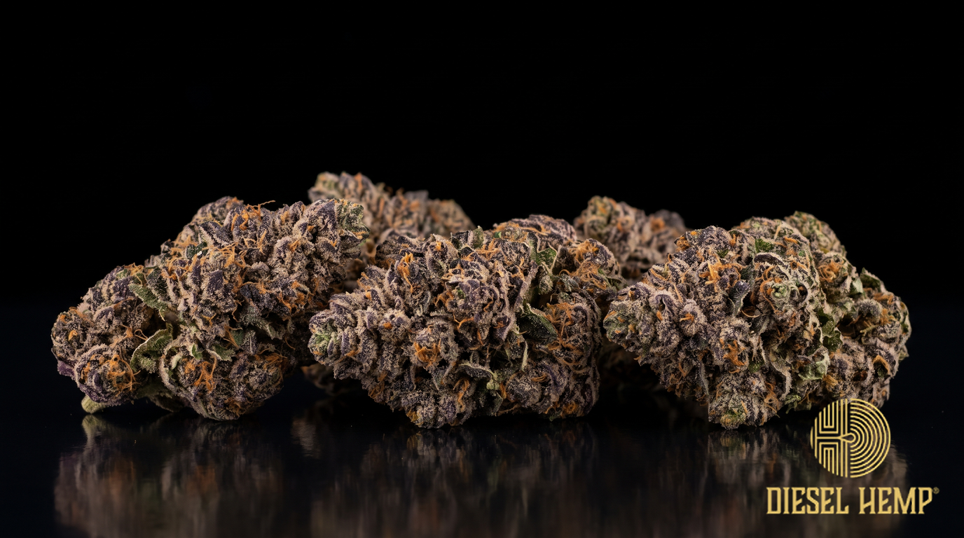 Mochi strain cannabis flower buds in deep purple and forest green with orange pistils and heavy trichome frost on a black background | Diesel Hemp