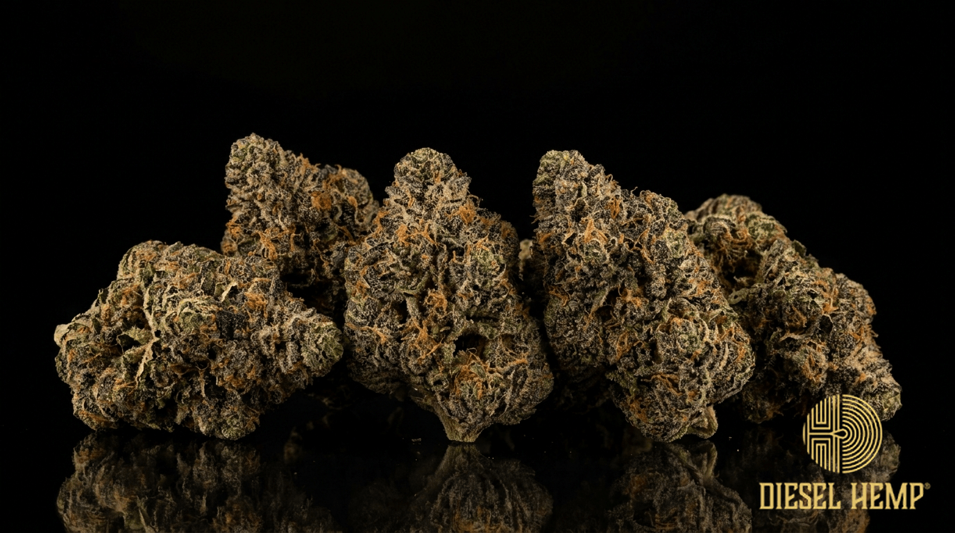 Motorbreath cannabis flower buds on black background — Diesel Hemp