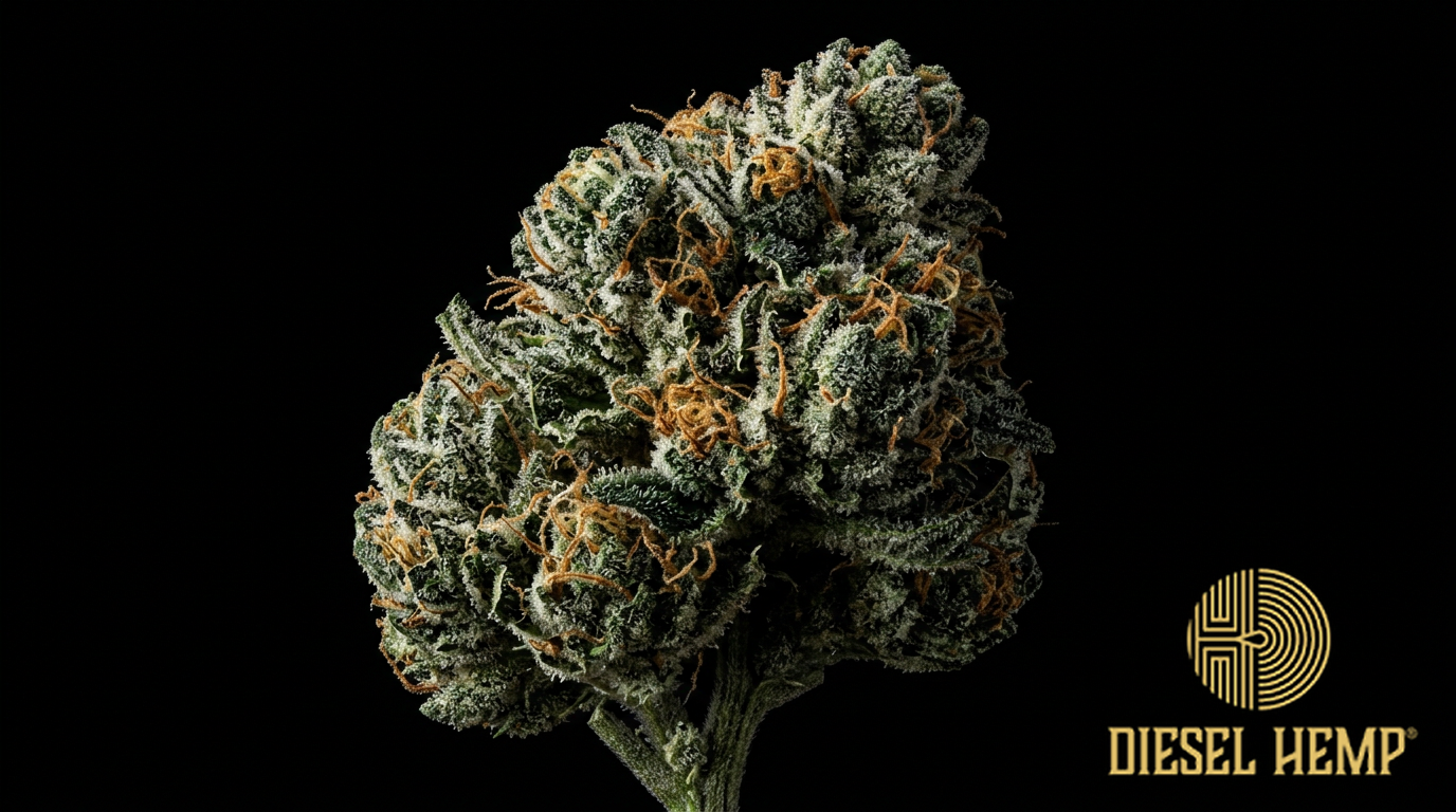 Motorbreath strain cannabis flower buds on black background — very dark olive-green extraordinarily dense buds with amber and rust-orange pistils and incredibly heavy resinous trichome coverage | Diesel Hemp