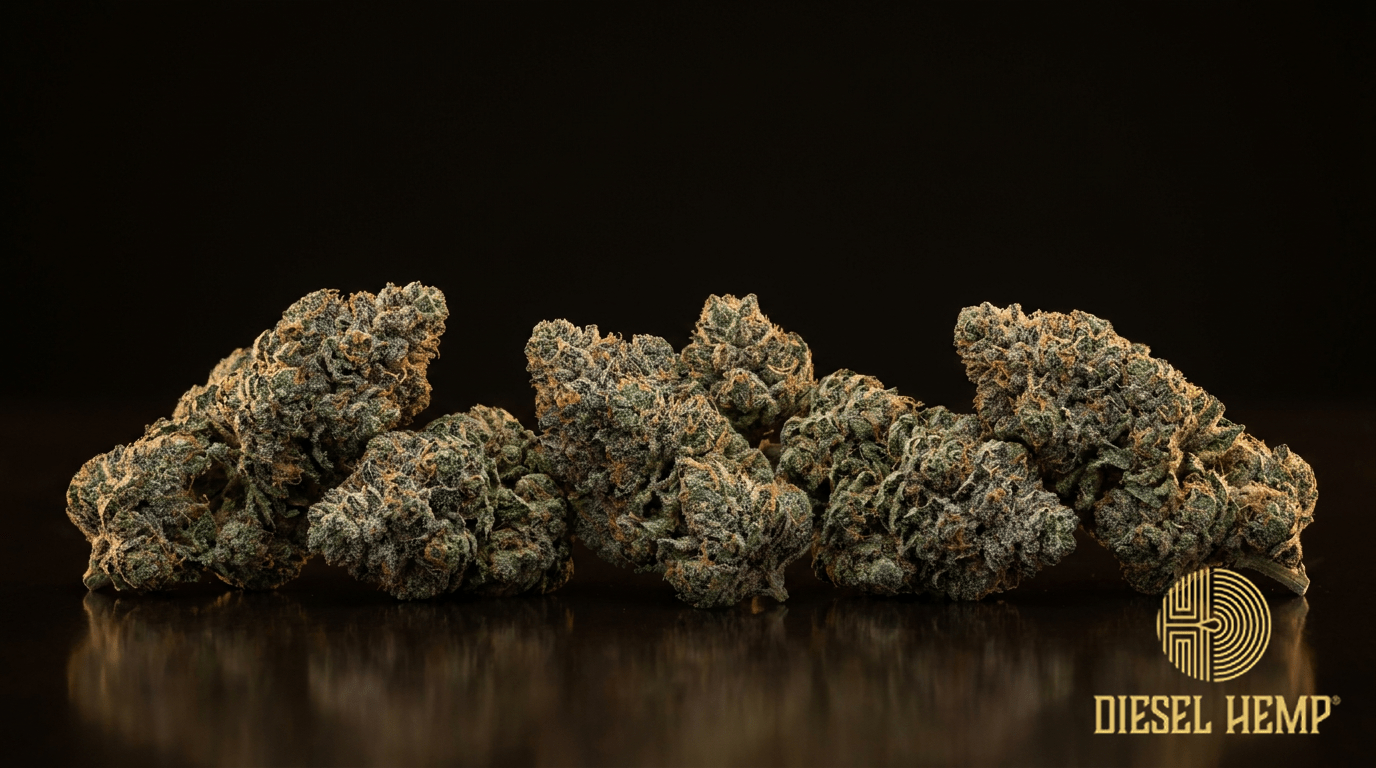 Northern Lights cannabis flower buds on black background — Diesel Hemp