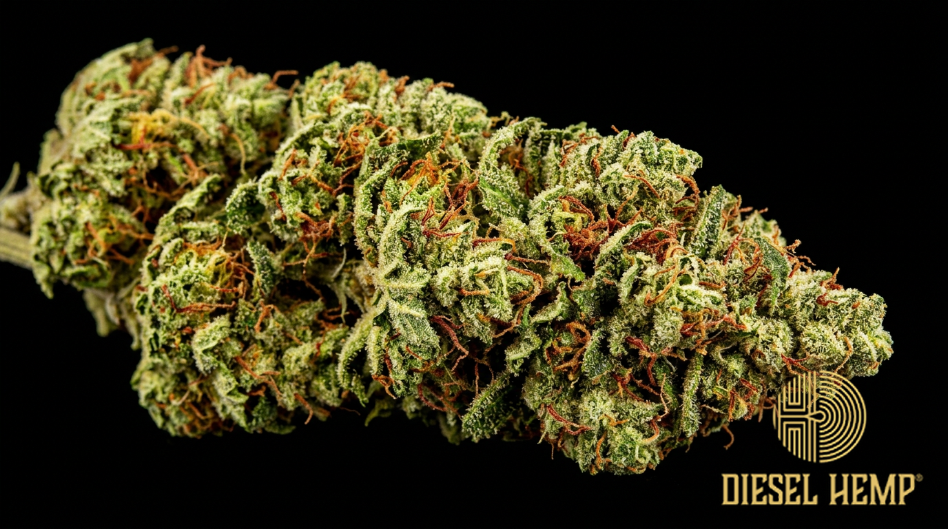 NYC Diesel strain cannabis flower on black background — bright lime green elongated buds with vivid orange pistils and heavy white trichome frost | Diesel Hemp