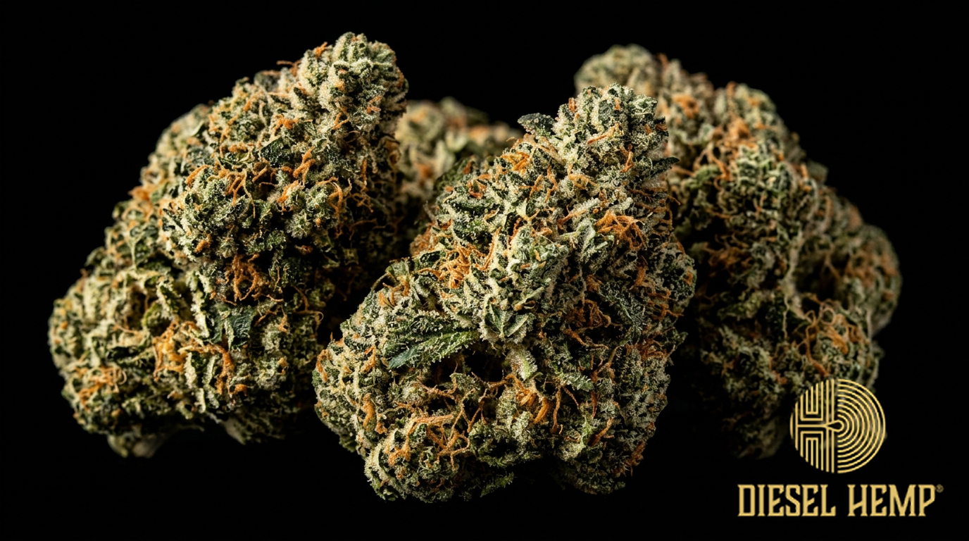 OG Kush strain cannabis flower on black background — dense forest green buds with vivid orange pistils and extremely heavy trichome coating | Diesel Hemp