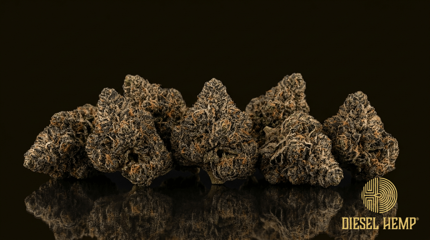 Oreoz strain cannabis flower buds on black background — dense dark chocolatey-green frosty nugs | Diesel Hemp