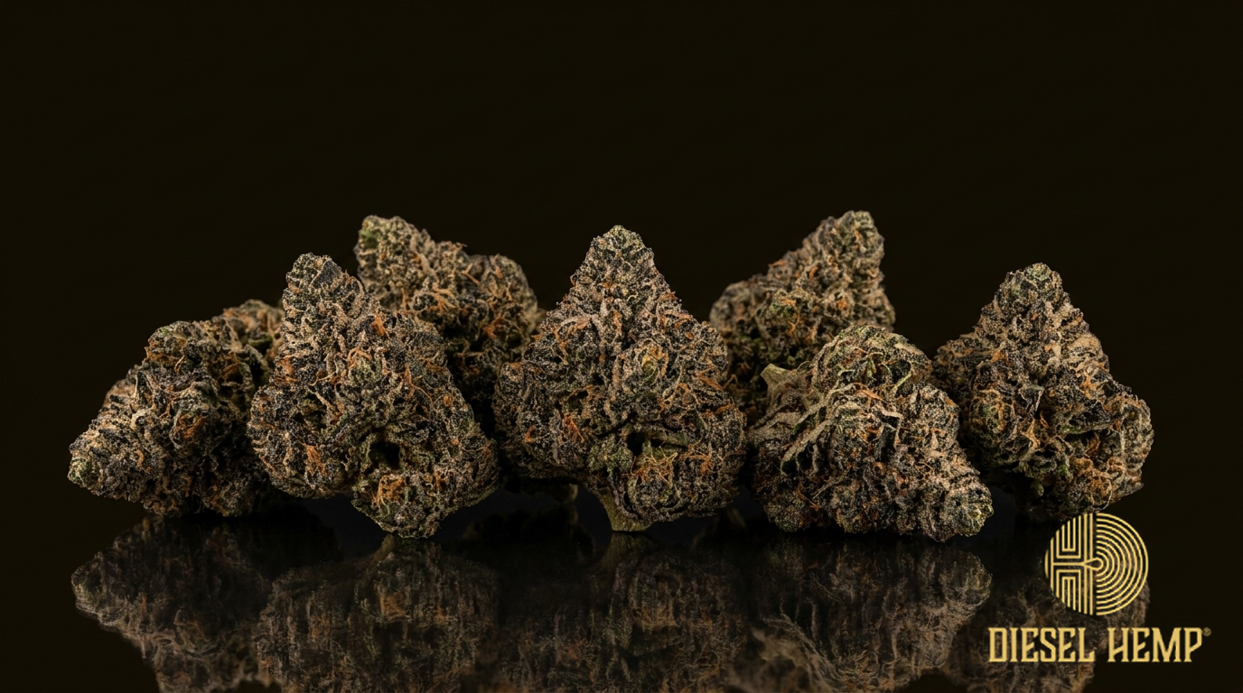Oreoz strain cannabis flower buds on black background — dense dark chocolatey-green frosty nugs | Diesel Hemp