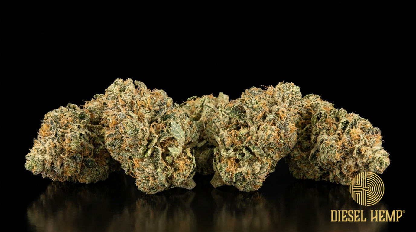 Pennywise strain CBD cannabis flower buds on black background with amber hairs and trichomes | Diesel Hemp