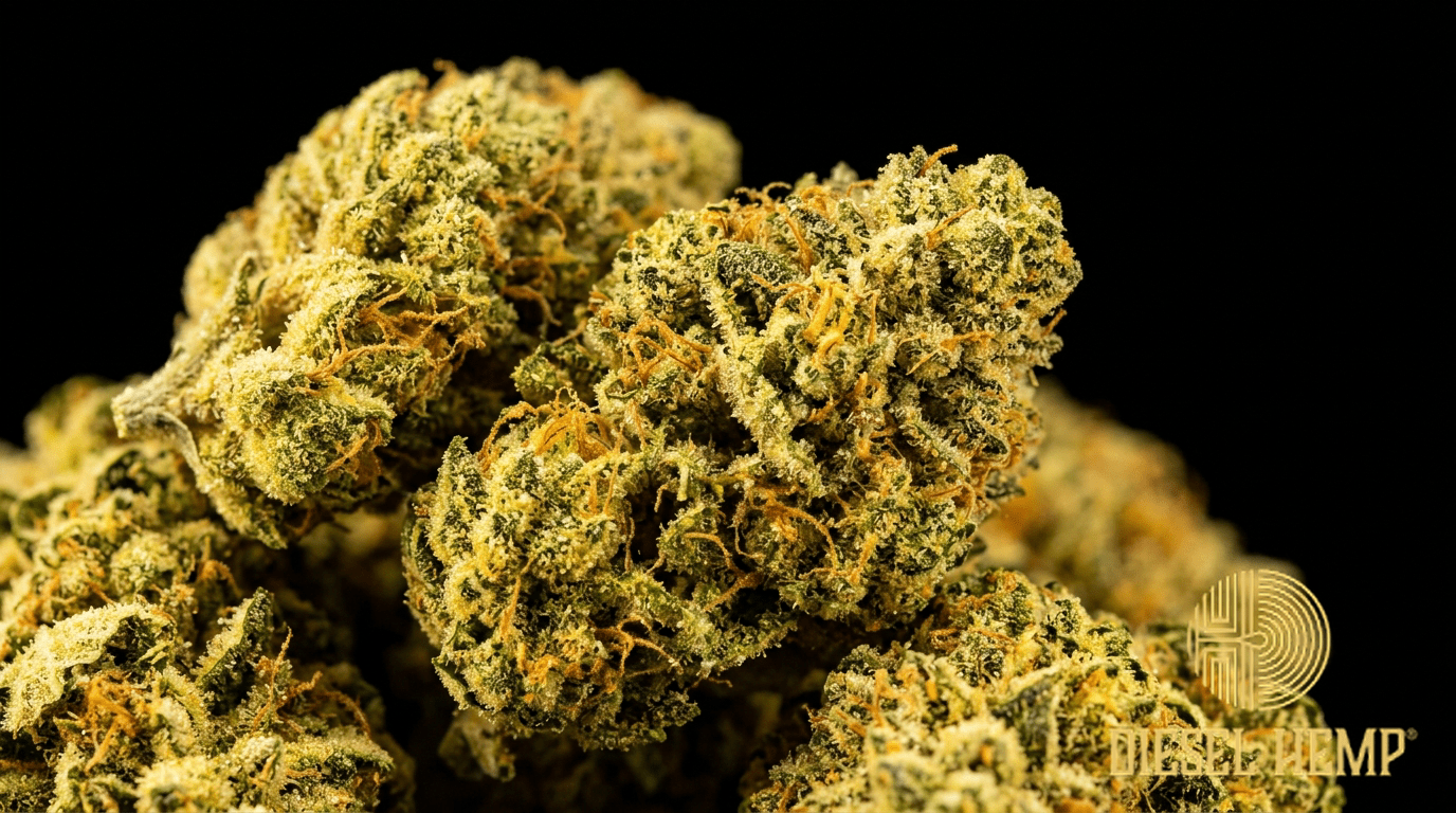 Pineapple Express strain cannabis flower on black background — bright tropical yellow-green buds with vivid orange pistils and sparkling trichomes | Diesel Hemp