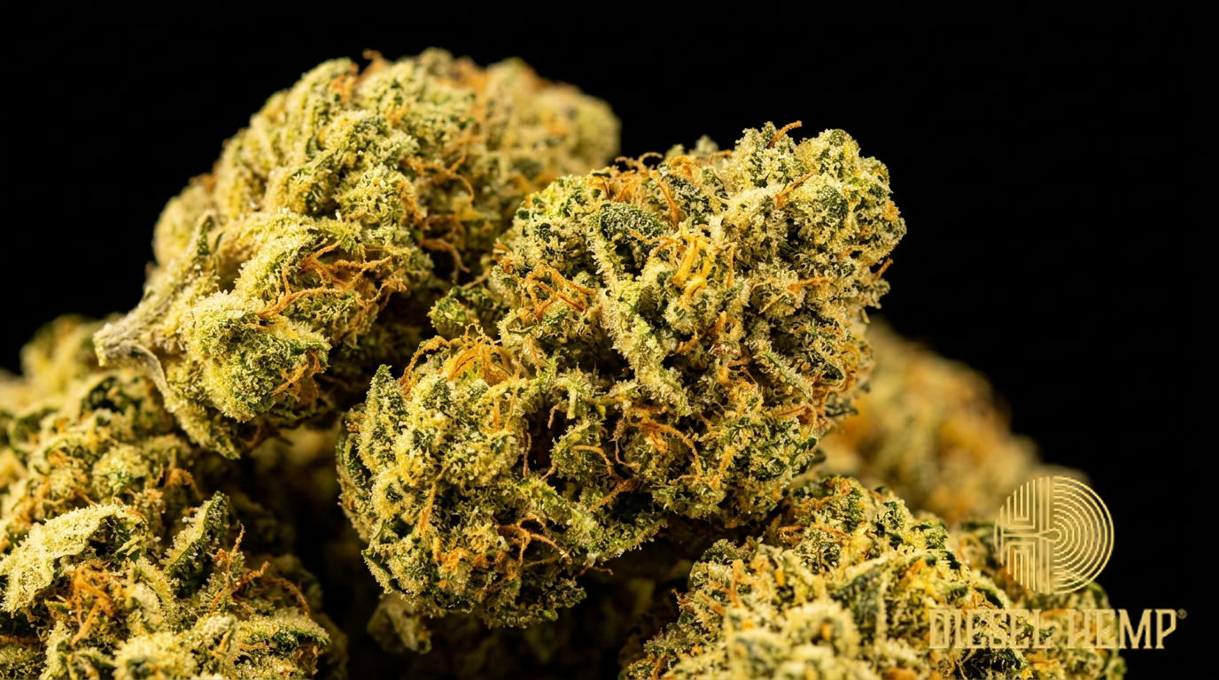 Pineapple Express strain cannabis flower on black background — bright tropical yellow-green buds with vivid orange pistils and sparkling trichomes | Diesel Hemp