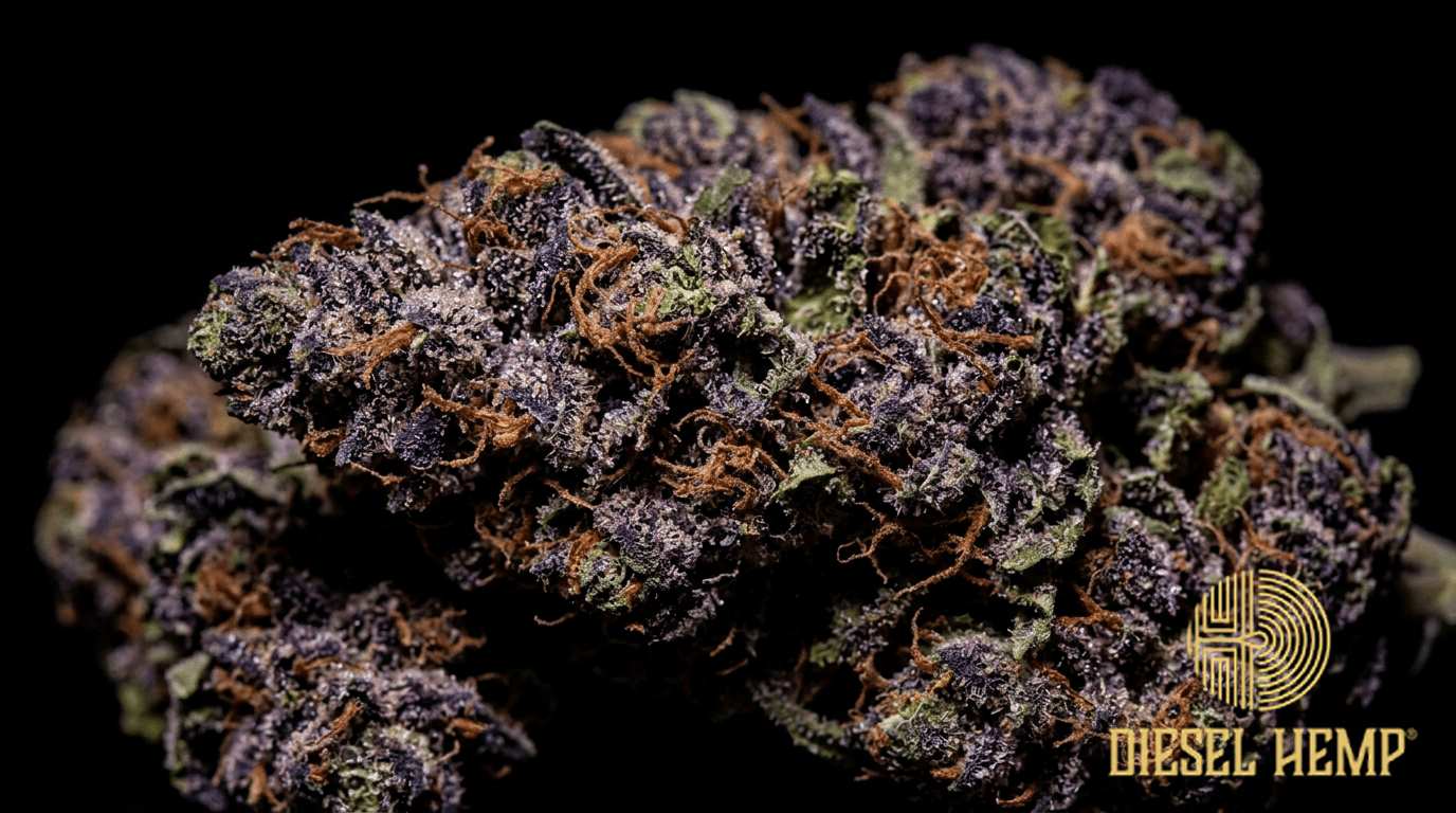 Purple Haze strain cannabis flower on black background — vivid violet and deep purple buds with reddish-orange pistils and white trichome frosting | Diesel Hemp