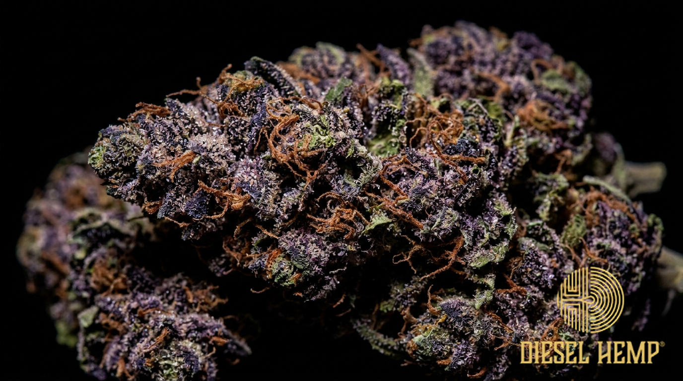 Purple Haze strain cannabis flower on black background — vivid violet and deep purple buds with reddish-orange pistils and white trichome frosting | Diesel Hemp