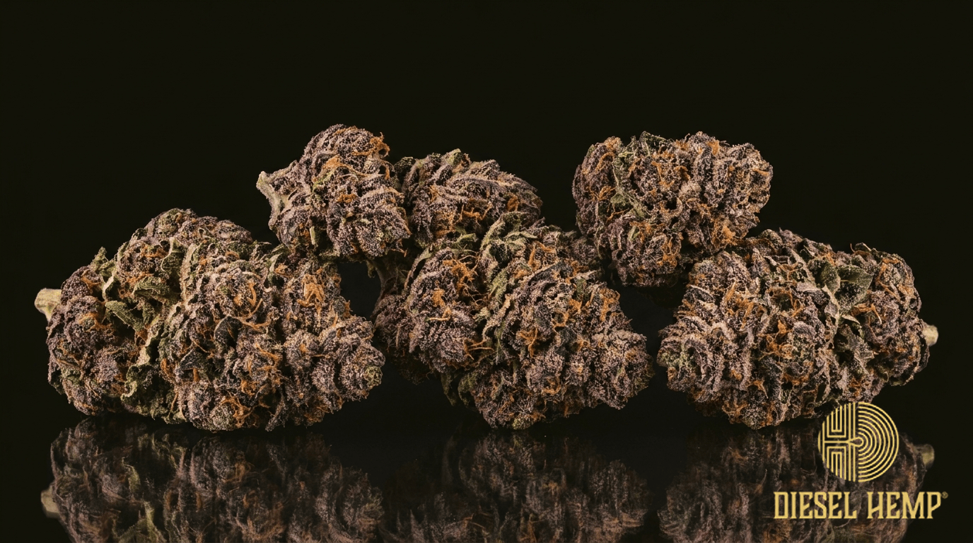 Purple Punch cannabis flower buds on black background — Diesel Hemp