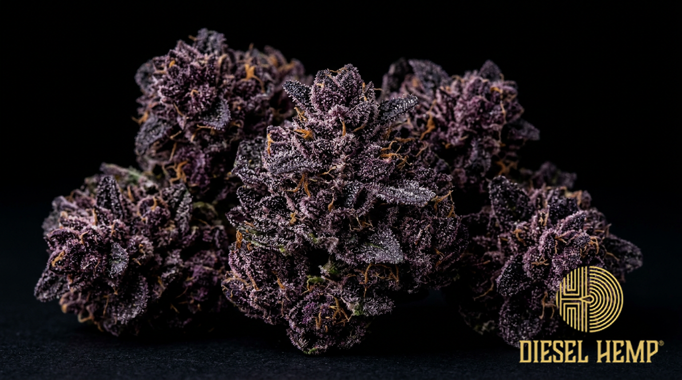 Purple Urkle strain cannabis flower on black background — very deep grape-purple dense indica buds with amber-orange pistils and trichome coating | Diesel Hemp