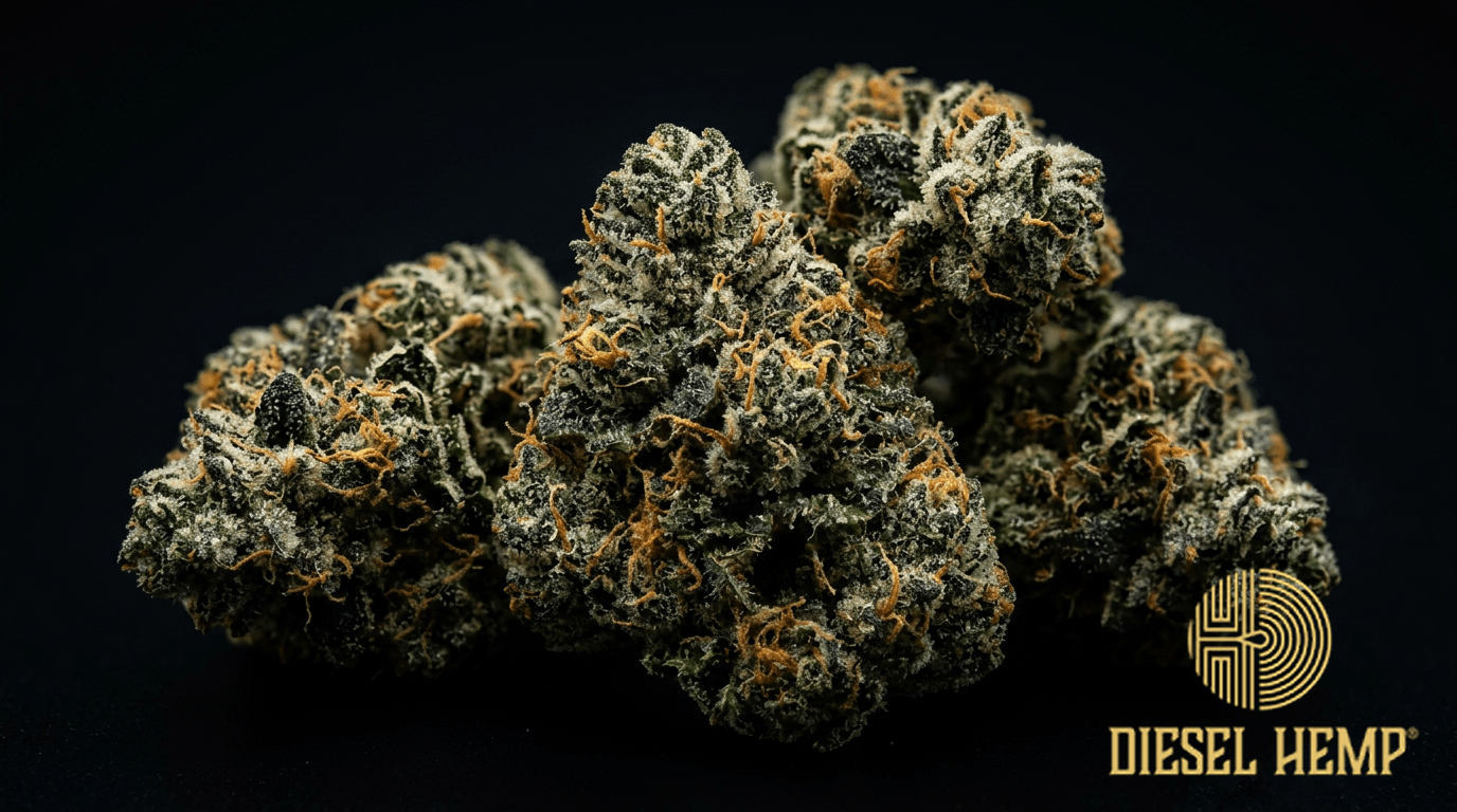 Ripped Bubba strain cannabis flower on black background — dark forest green compact bubba kush buds with amber orange pistils and heavy resinous trichomes | Diesel Hemp