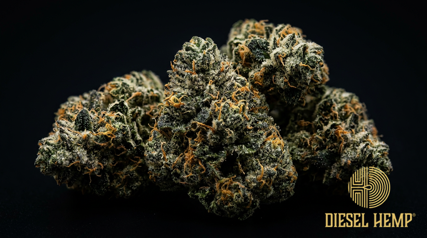 Ripped Bubba strain cannabis flower on black background — dark forest green compact bubba kush buds with amber orange pistils and heavy resinous trichomes | Diesel Hemp