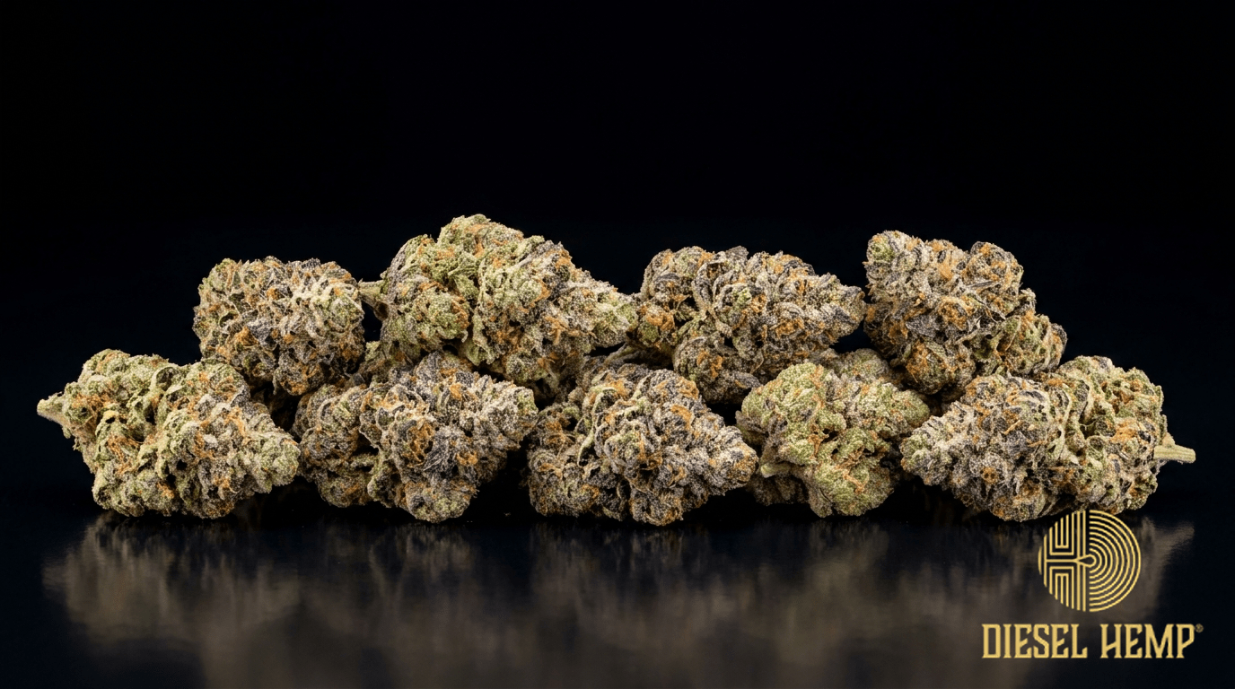 Runtz strain cannabis flower buds on black background — colorful purple-green candy-frosted buds with orange pistils | Diesel Hemp