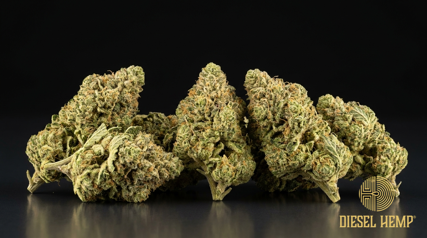 SFV OG strain cannabis flower buds on black background — frosty lime-green OG-style nugs with orange pistils | Diesel Hemp
