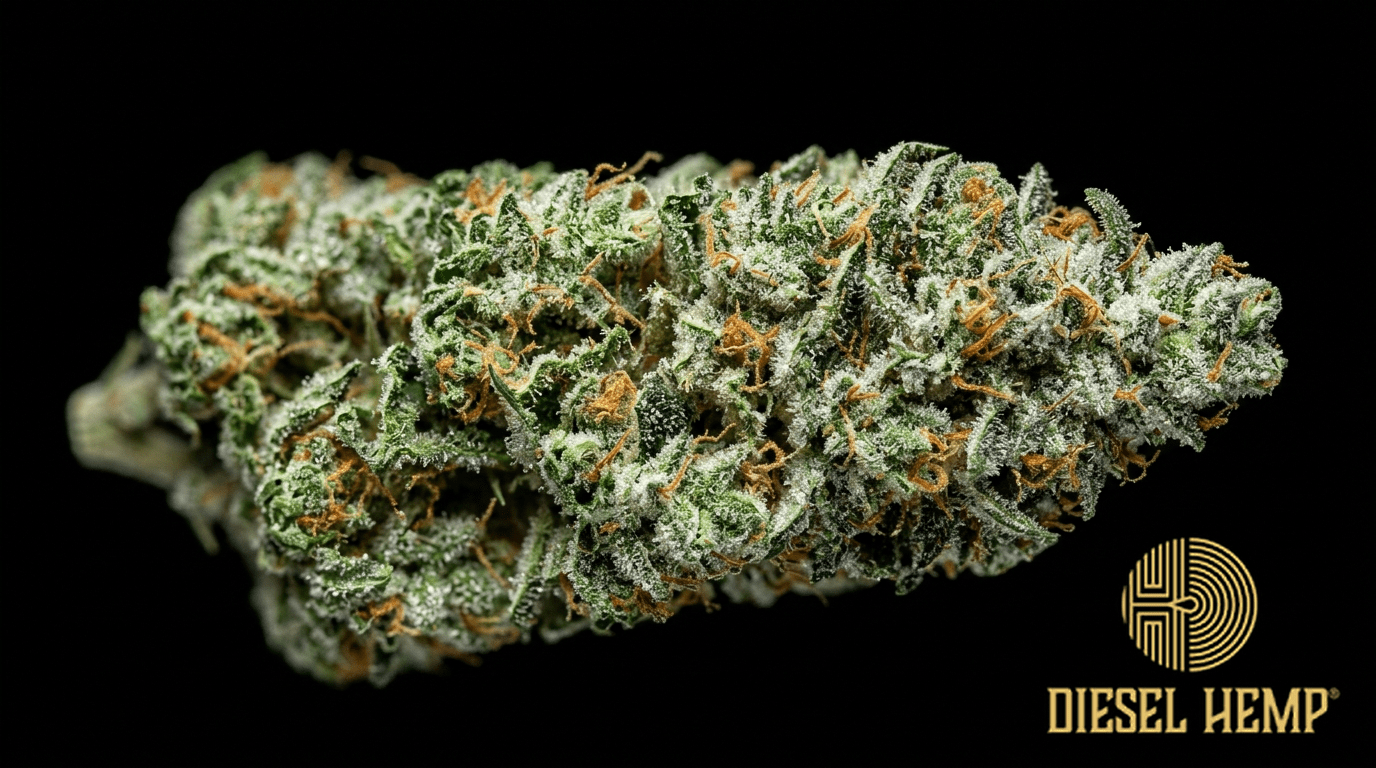 Silver Haze strain cannabis flower on black background — bright green elongated sativa buds with extreme silver-white metallic trichome frosting | Diesel Hemp