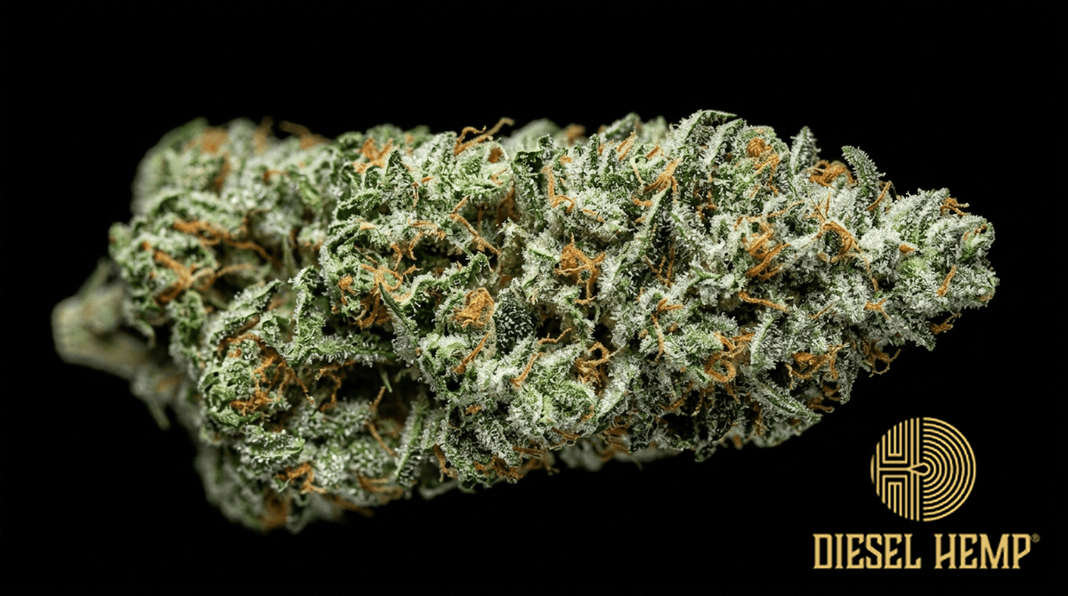 Silver Haze strain cannabis flower on black background — bright green elongated sativa buds with extreme silver-white metallic trichome frosting | Diesel Hemp