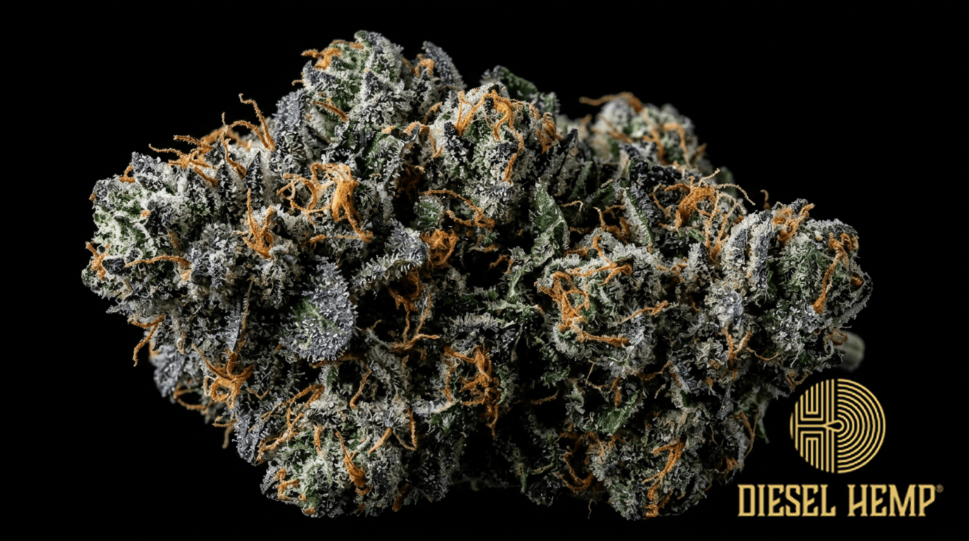 Skywalker OG strain cannabis flower on black background — dense forest green buds with dark purple hints and very heavy milky white trichome coating | Diesel Hemp